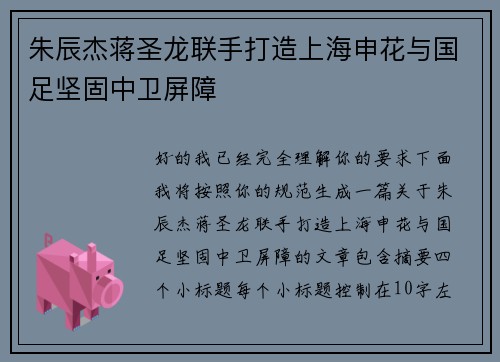 朱辰杰蒋圣龙联手打造上海申花与国足坚固中卫屏障